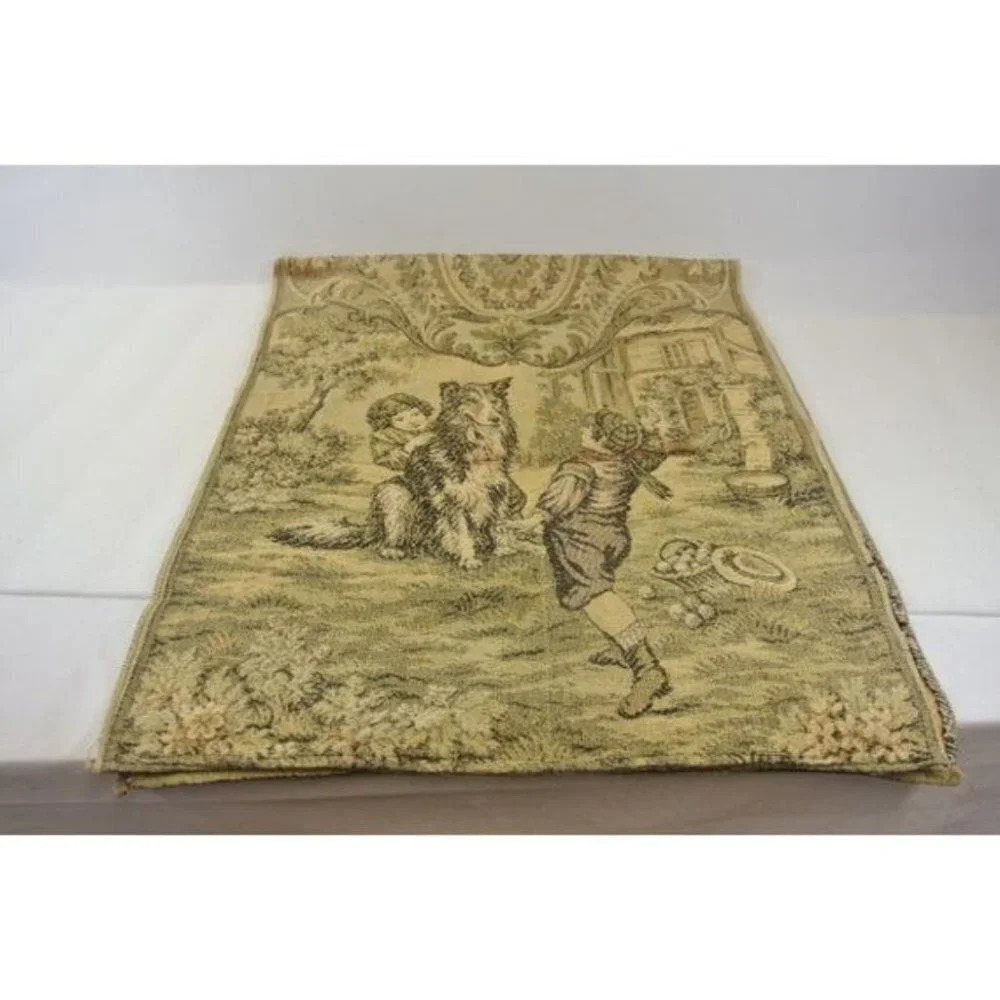 Tapestry Woven Table Runner w/ Dog and Children Scene Vintage